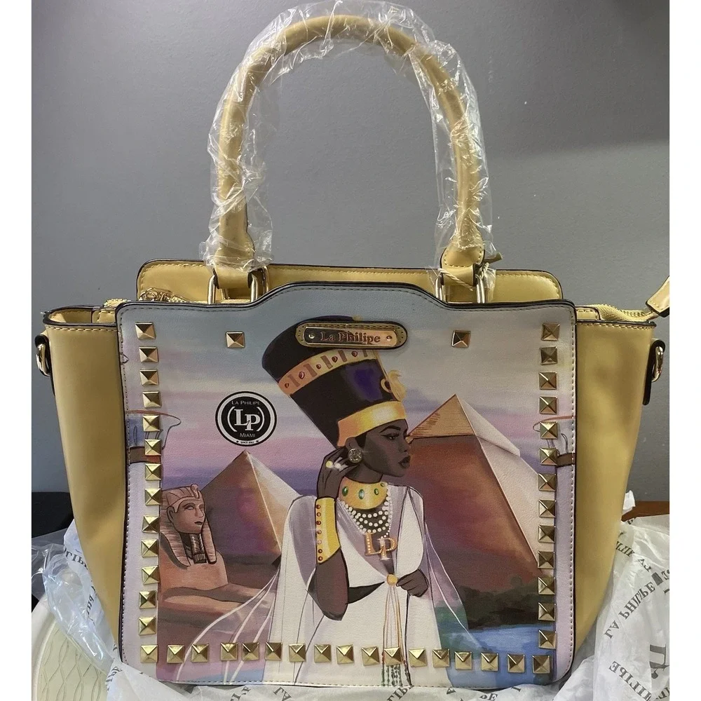 La Philippe Miami African Egyptian Women Print Satchel Bag Yellow Purse 10x12x5